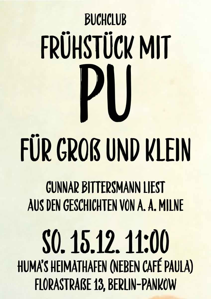 Buchclub  
Gunnar Bittersmann liest aus Grit Lemkes dokumentarischem Roman „Kinder von Hoy“. So, 10.11. 11:00 huma’s Heimathafen (neben Café Paula)  Florastraße 13, Berlin-Pankow gunnarbittersmann.de/buchclub